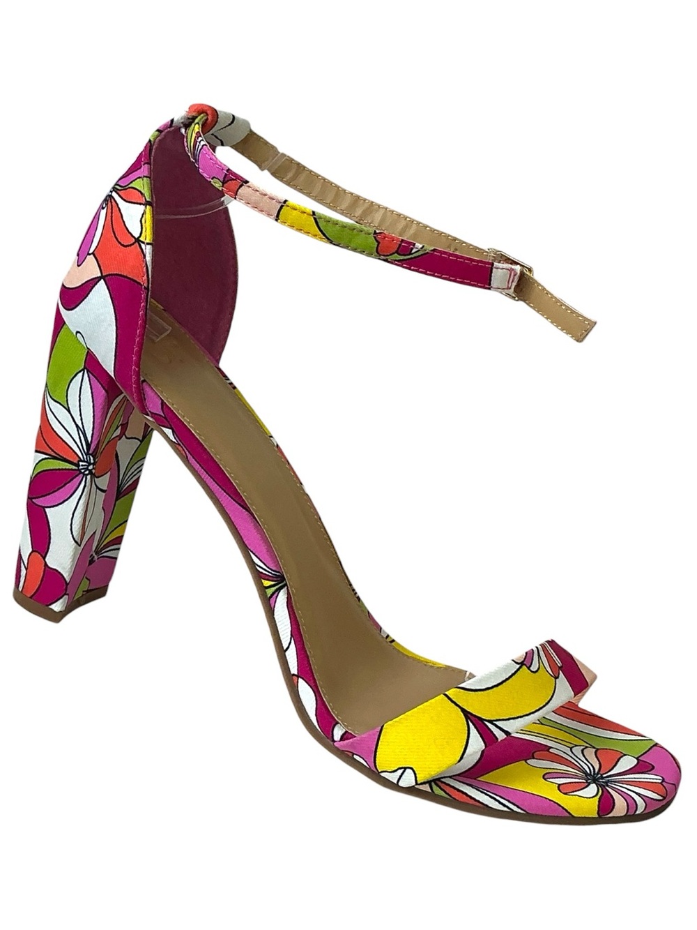 JustFab Sandal Block Heel Bold Floral Lorelai 4” High Heel Pink Green Size 11 - Picture 13 of 16